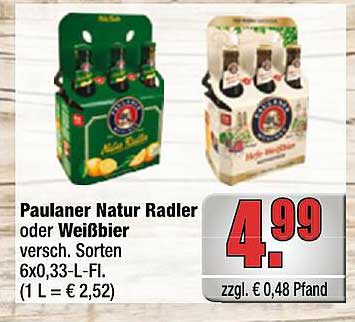Paulaner Natur Radler oder Weißbier 6x0,33-L-Fl.