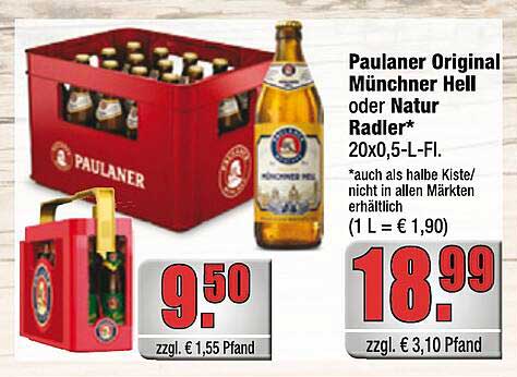 Paulaner Original Münchner Hell oder Natur Radler 20x0,5-L-Fl.