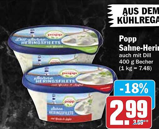 Popp Sahne-Heringsfilets auch mit Dill 400 g Becher