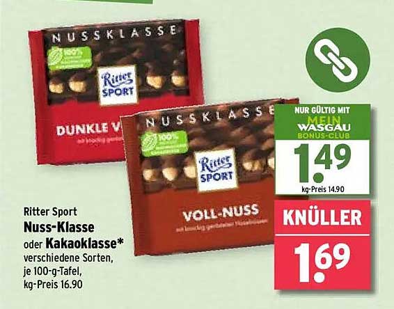 Ritter Sport Nuss-Klasse oder Kakaoklasse – Verschiedene Sorten, je 100-g-Tafel