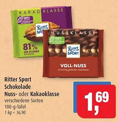 Ritter Sport Schokolade - Nuss- oder Kakaoklasse verschiedene Sorten 100-g-Tafel
