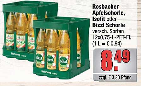 Rosbacher Apfelschorle, Isofit oder Bizzi Schorle 12x0,75-L-PET