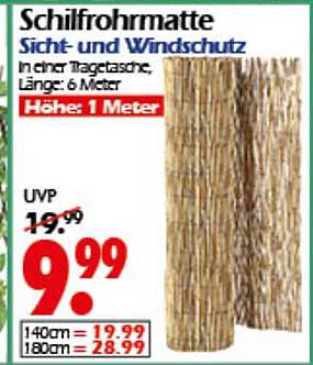 Schilfrohrmatte Sicht- und Windschutz 1 Meter Höhe, 6 Meter Länge