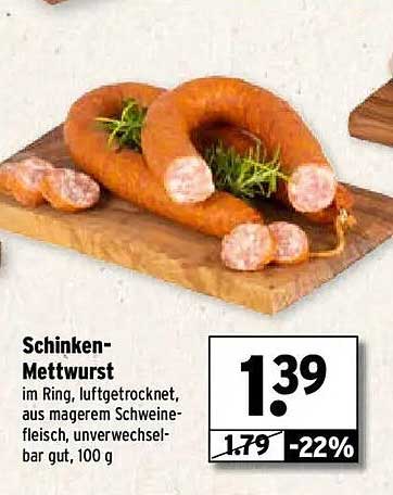 Schinken-Mettwurst im Ring, luftgetrocknet, aus magerem Schweinefleisch, 100 g