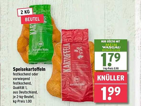 Speisekartoffeln festkochend oder vorwiegend festkochend, Qualität 1, aus Deutschland, je 2-kg-Beutel