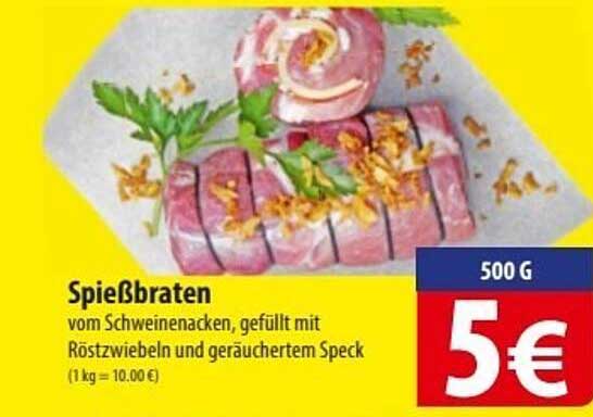 Spießbraten vom Schweinenacken, gefüllt mit Röstzwiebeln und geräuchertem Speck