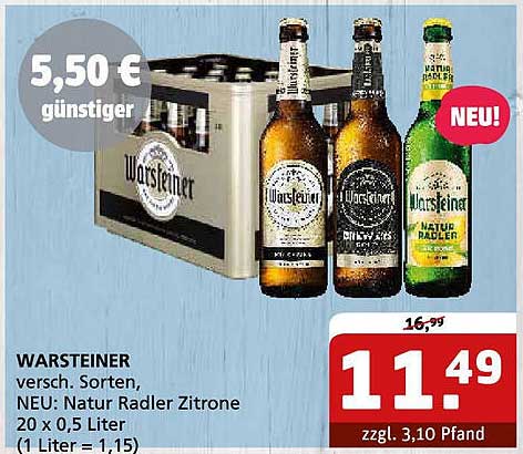WARSTEINER – Verschiedene Sorten, NEU: Natur Radler Zitrone 20 x 0,5 Liter