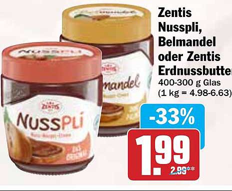 Zentis Nusspli, Belmandel oder Zentis Erdnussbutter 400-300 g Glas