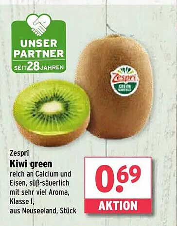 Zespri Kiwi green, reich an Calcium und Eisen, süß-säuerlich, Aktion