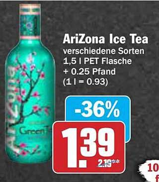 AriZona Ice Tea verschiedene Sorten 1,5 l PET Flasche + 0,25 Pfand