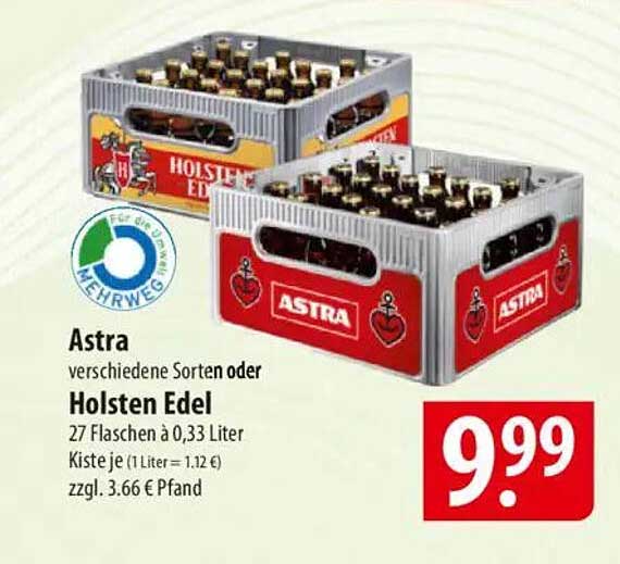 Astra verschiedene Sorten oder Holsten Edel - 27 Flaschen à 0,33 Liter