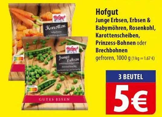 Hofgut Junge Erbsen, Erbsen & Babymöhren, Rosenkohl, Karottenscheiben, Prinzess-Bohnen oder Brechbohnen, gefroren, 1000g