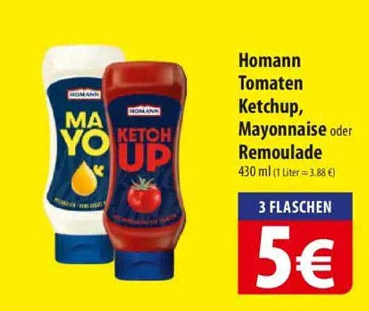 Homann Tomaten Ketchup, Mayonnaise oder Remoulade 430 ml - 3 Flaschen für nur 5 €