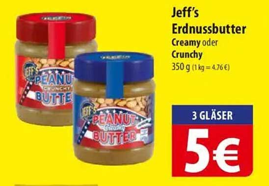 Jeff's Erdnussbutter Creamy oder Crunchy 350 g (3 Gläser für 5 €)