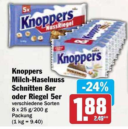 Knoppers Milch-Haselnuss Schnitten 8er oder Riegel 5er