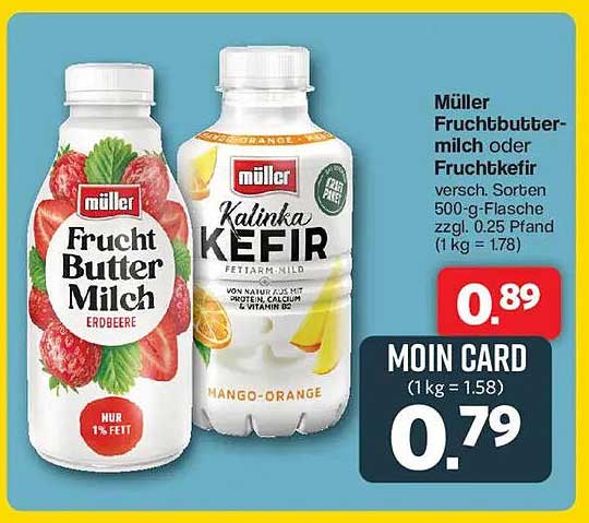 Müller Fruchtbuttermilch oder Fruchtkefir verschiedenste Sorten 500-g-Flasche