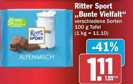 Ritter Sport „Bunte Vielfalt“ verschiedene Sorten 100 g Tafel