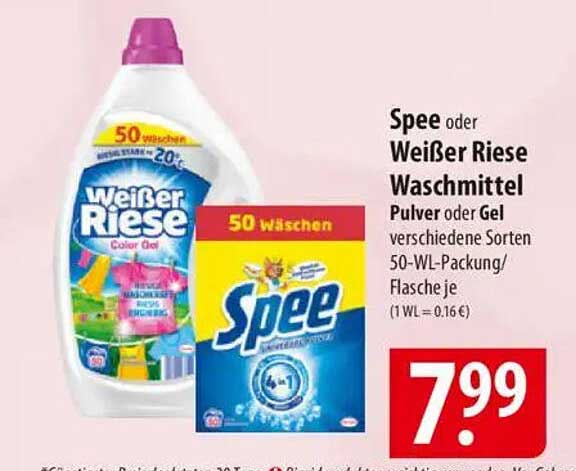 Spee oder Weißer Riese Waschmittel Pulver oder Gel verschiedene Sorten 50-WL-Packung/Flasche je