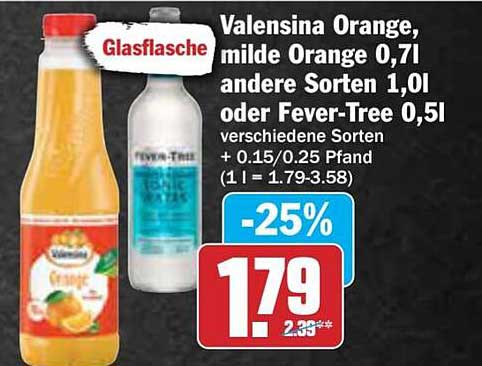 Valensina Orange, milde Orange 0,7l oder andere Sorten 1,0l oder Fever-Tree 0,5l verschiedene Sorten