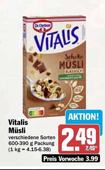 Vitalis Müsli verschiedene Sorten 600-390 g Packung
