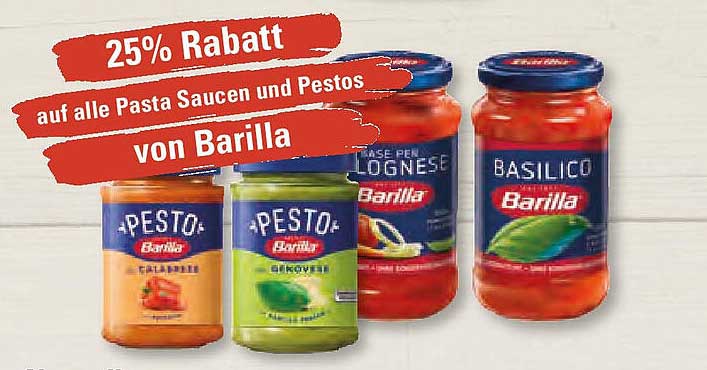 25% Rabatt auf alle Pasta Saucen und Pestos von Barilla