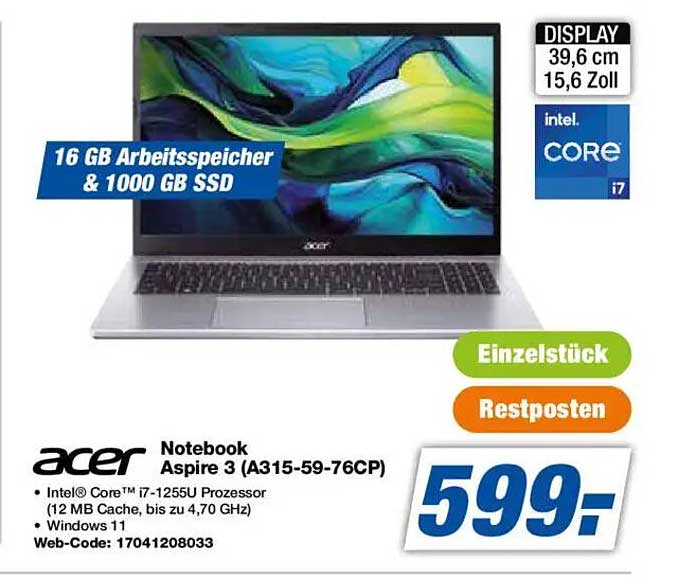 acer Notebook Aspire 3 (A315-59-76CP) mit 16 GB RAM & 1000 GB SSD
