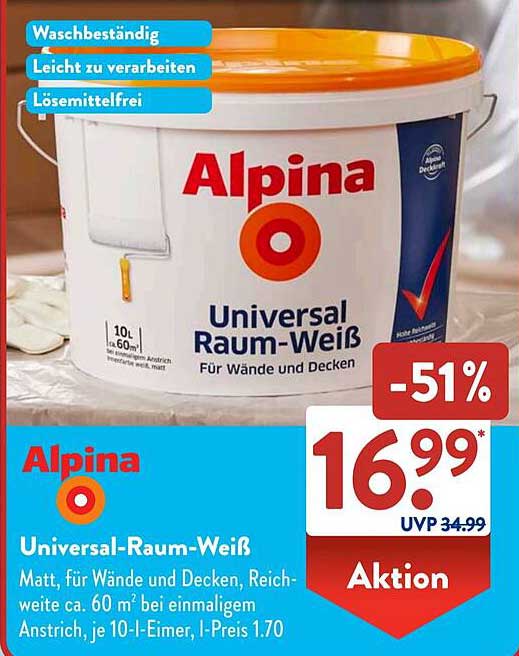 Alpina Universal-Raum-Weiß 10 l - Der perfekte Anstrich für Wände und Decken