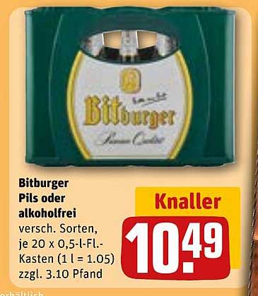 Bitburger Pils oder alkoholfrei, verschiedene Sorten, je 20 x 0,5-l-Fl.-Kasten