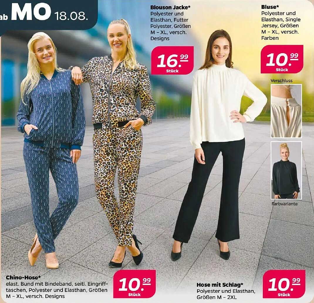 Blouson Jacke, Bluse, Chino-Hose und Hose mit Schlag