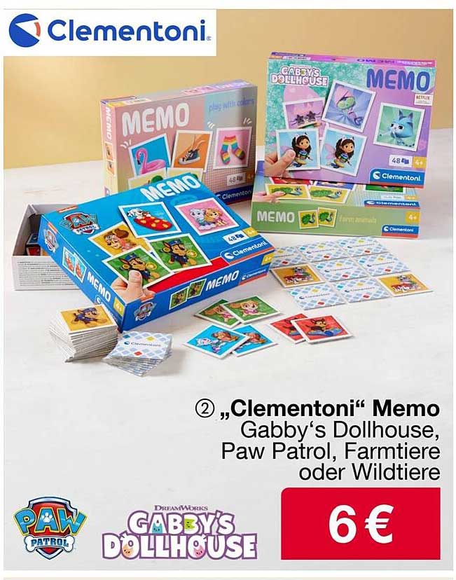 Clementoni Memo Spiel – Gabby's Dollhouse, Paw Patrol, Farmtiere oder Wildtiere