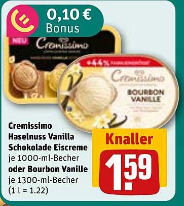 Cremissimo Haselnuss Vanilla Schokoladeneiscreme oder Bourbon Vanille