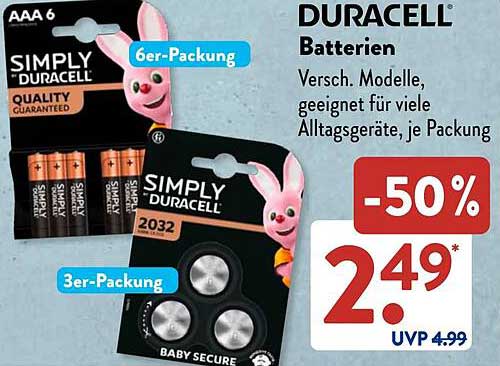 Duracell Batterien 6er-Packung und 3er-Packung - 50% Rabatt