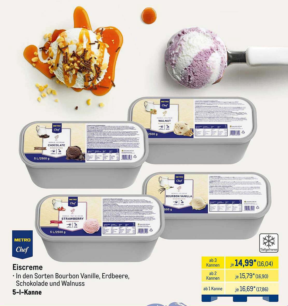 Eiscreme in den Sorten Bourbon Vanille, Erdbeere, Schokolade und Walnuss 5 l