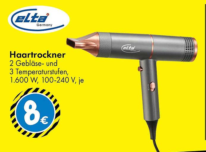 elta Haartrockner 2 Gebläse- und 3 Temperaturstufen, 1.600 W, 100-240 V, je