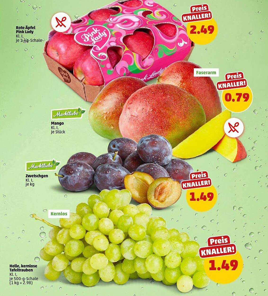 Frisches Obst zum Knallerpreis: Rote Äpfel, Mango, Zwetschgen und kernlose Trauben
