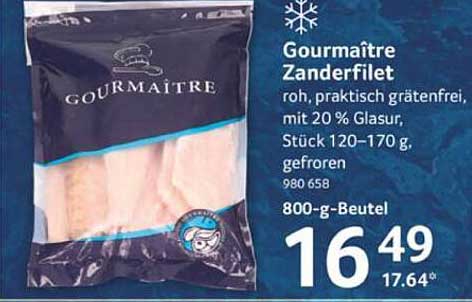 Gourmaître Zanderfilet - roh, praktisch grätenfrei, mit 20 % Glasur, Stück 120–170 g, gefroren
