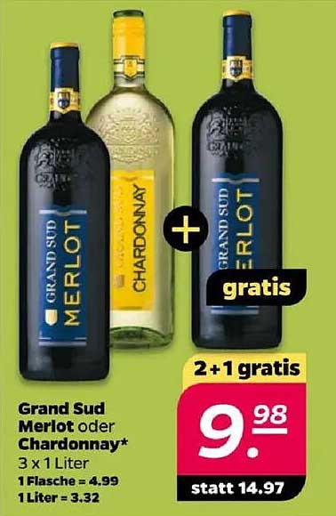 Grand Sud Merlot oder Chardonnay - 2+1 gratis