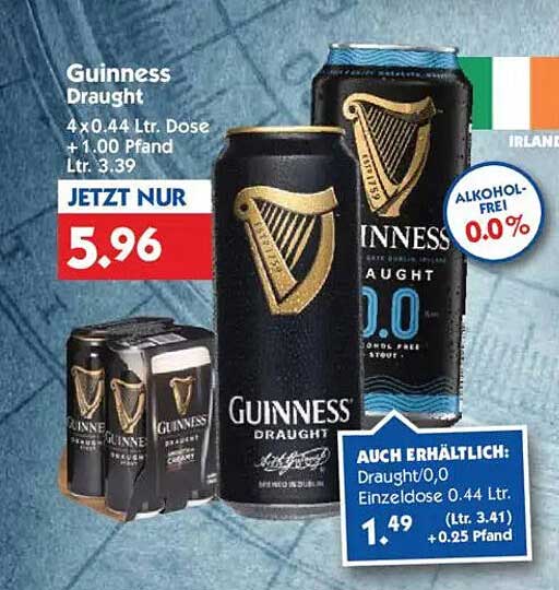 Guinness Draught 4 x 0,44 Ltr. Dose + 1,00 Pfand