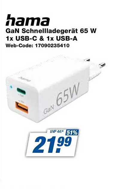hama GaN Schnellladegerät 65 W 1x USB-C & 1x USB-A