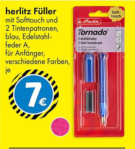 herlitz Füller mit Softtouch und 2 Tintenpatronen, blau, Edelstahlfeder A, für Anfänger, verschiedene Farben, je