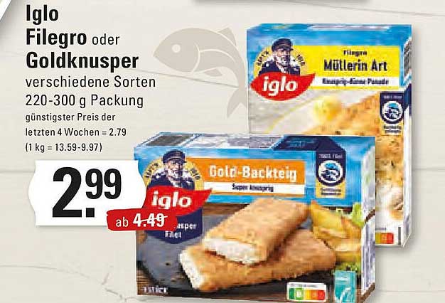 Iglo Filegro oder Goldknusper verschiedene Sorten 220-300 g Packung