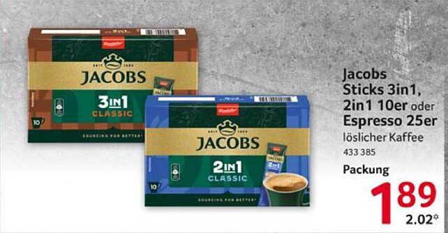 Jacobs Sticks 3in1, 2in1 10er oder Espresso 25er löslicher Kaffee