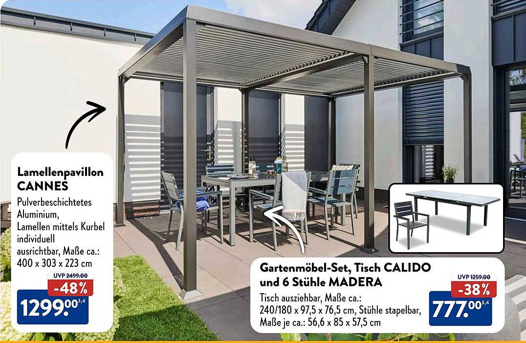 Lamellenpavillon CANNES und Gartenmöbel-Set, Tisch CALIDO und 6 Stühle MADERA