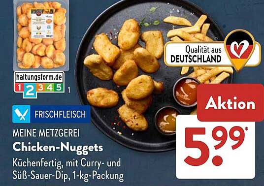 Meine Metzgerei Chicken-Nuggets, küchenfertig, mit Curry- und Süß-Sauer-Dip, 1-kg-Packung