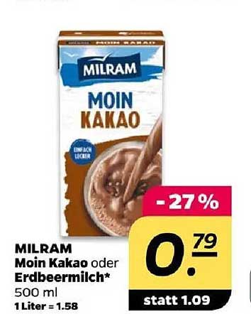 MILRAM Moin Kakao oder Erdbeermilch 500 ml