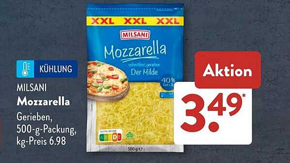 MILSANi Mozzarella, gerieben, 500-g-Packung, kg-Preis 6,98