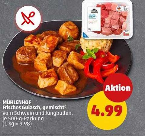 MÜHLENHOF Frisches Gulasch, gemischt* vom Schwein und Jungbullen, je 500-g-Packung
