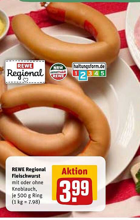 REWE Regional Fleischwurst mit oder ohne Knoblauch, je 500 g Ring