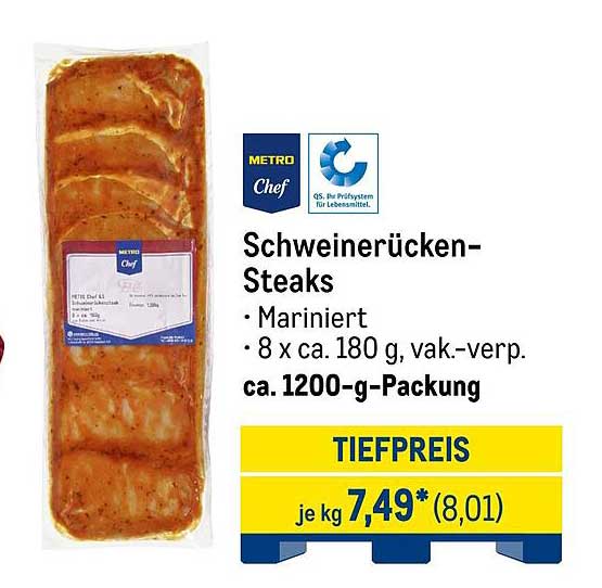 Schweinerücken-Steaks - mariniert, 8 x ca. 180 g, vakuumverpackt