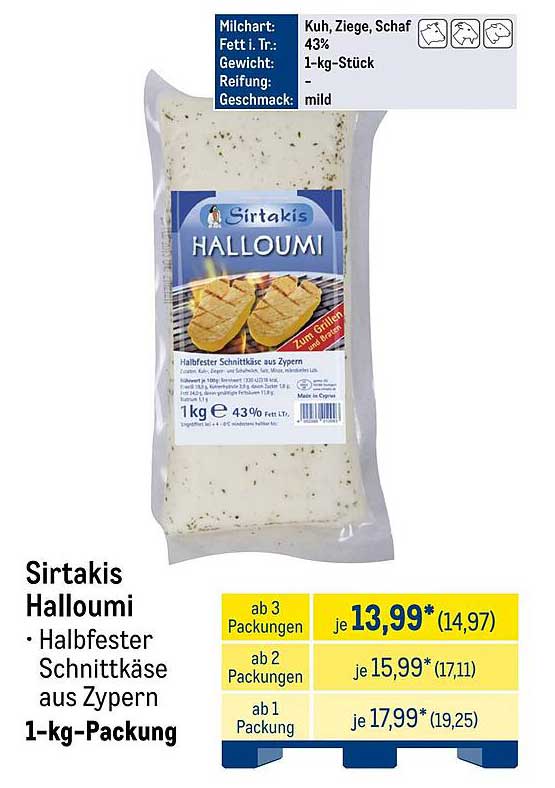 Sirtakis Halloumi - Halbfester Schnittkäse aus Zypern (1-kg-Packung)